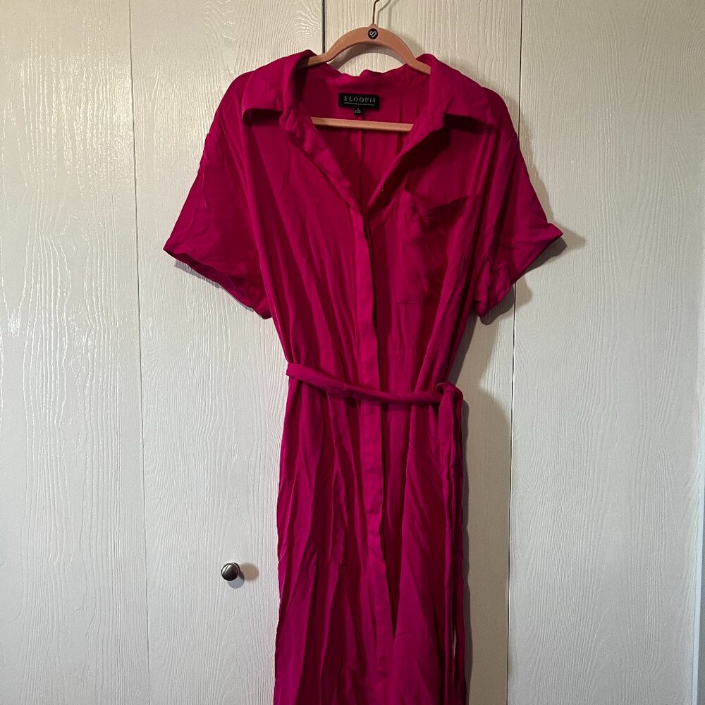 Fushcia Button Up Shirt Dress with Cut-Out